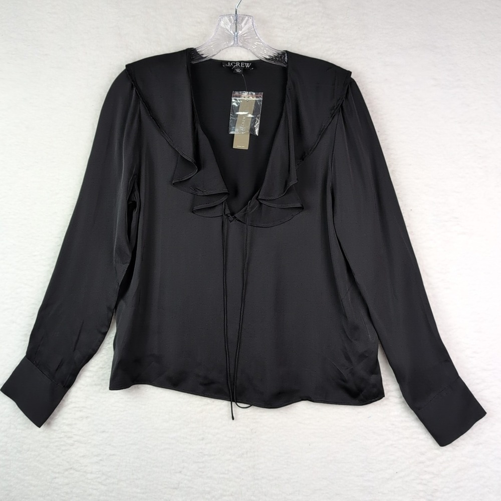 NWT J. Crew Goldie Blouse Top Satin Long‎ Sleeve Tie Neck Light Black XS